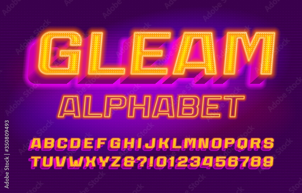 Gleam alphabet font. 3D bright letters, numbers and symbols. Retro-futuristic vector typeface for your typography design.