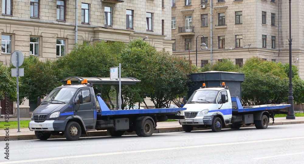 Vehicles for the transport of cars Vasilevskogo ostrova Bolshoy prospekt Saint Petersburg Russia August 2017