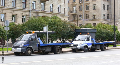 Vehicles for the transport of cars Vasilevskogo ostrova Bolshoy prospekt Saint Petersburg Russia August 2017