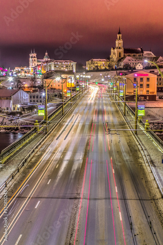 BELARUS  Grodno  January 3  2019   Night Grodno  road with cars  bridge with cars at night.