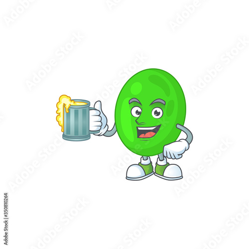 A cheerful cocci cartoon mascot style toast with a glass of beer
