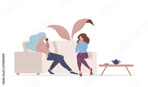 Girls drinking tea flat color vector faceless characters. Best friends meeting. Women chatting and drinking in cafe isolated cartoon illustration for web graphic design and animation