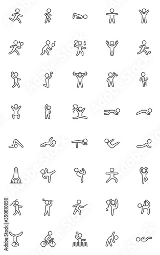 Fitness exercises line icons set. Sport linear style symbols collection outline signs pack. Yoga poses vector graphics. Set includes icons - rhythmic gymnastics  tennis  stretching  abdominal muscles