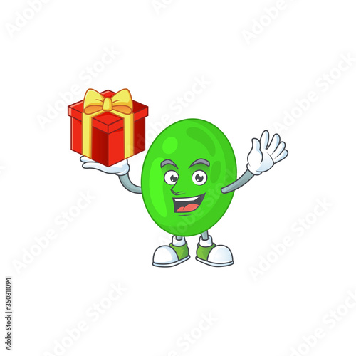 Cocci cartoon mascot concept design with a red box of gift