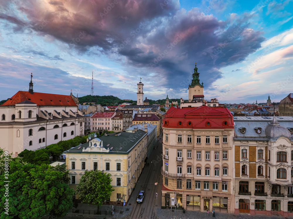 Obraz premium Panoramic view on Lviv from drone