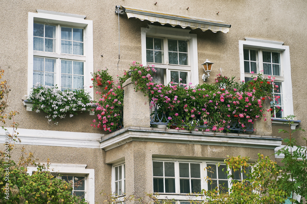 Cozy balcony with pink flowers in an old building in Gdansk, Poland