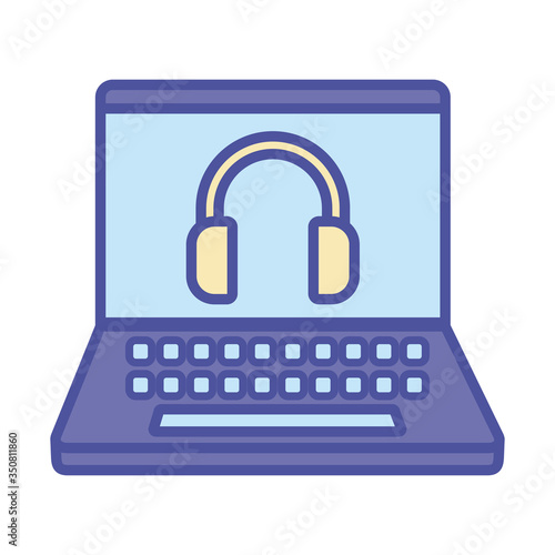 Digital headphone inside laptop line and fill style icon vector design
