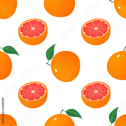 Seamless pattern with fresh bright exotic whole and half grapefruit isolated on white background. Summer fruits for healthy lifestyle. Organic fruit. Cartoon style. Vector illustration for any design.
