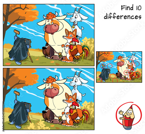Animals are photographed. Find 10 differences. Educational game for children. Cartoon vector illustration