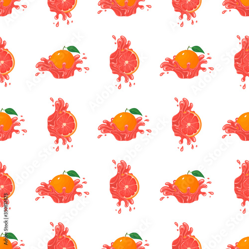 Seamless pattern with fresh bright grapefruit juice splash burst isolated on white background. Summer fruit juice. Cartoon style. Vector illustration for any design.