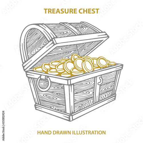 Treasure chest with golden coins. Hand drawn opened wooden pirate chests vector illustration. 