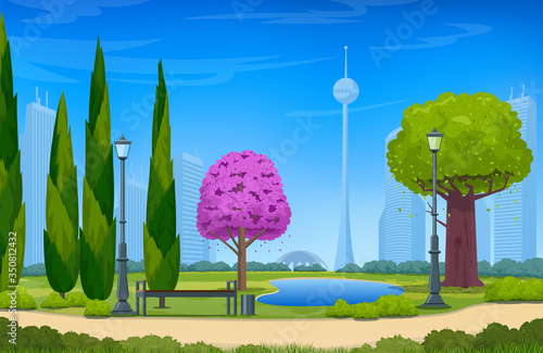 Beautiful summer park. Urban public space with lake and trees for walking and relaxing. Modern city buildings in the background. Realistic vector illustration