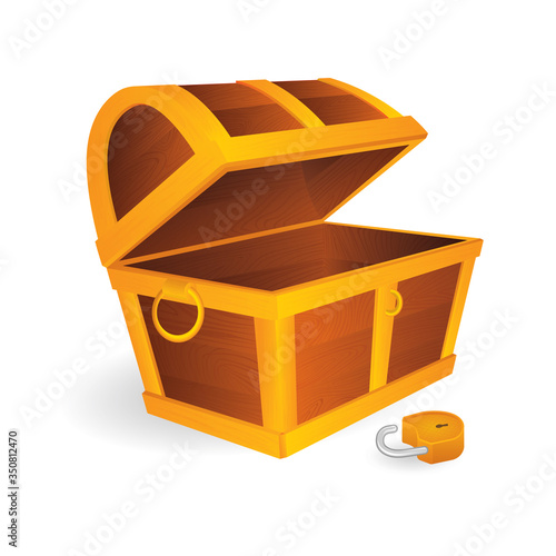 Empty treasure chest with open golden padlock. Cartoon style opened wooden pirate chests with gold metal stripes. Treasure chest vector illustration.