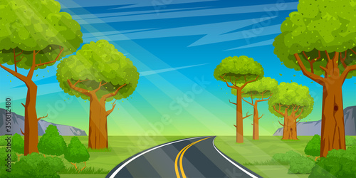 The road goes into the distance through the forest on a background of a beautiful summer landscape. Cartoon vector illustration