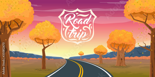 The road goes into the distance through the forest on a background of a beautiful autumn landscape. Road trip sign. Cartoon vector illustration