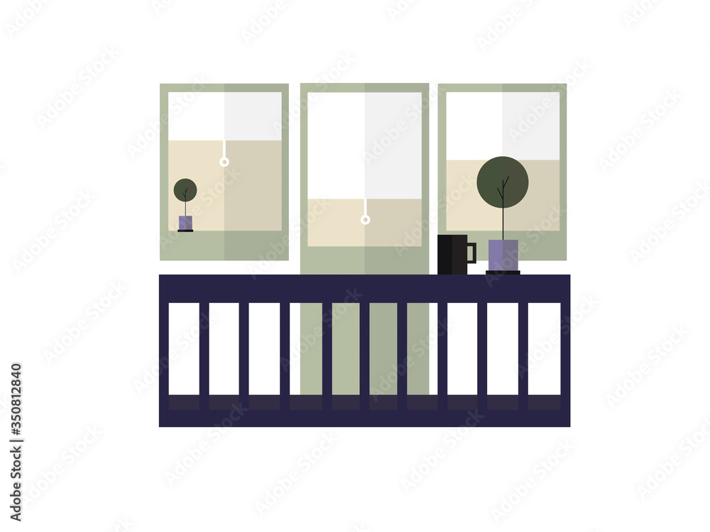 Stay at home flat illustration concept, balcony exterior of an appartment in city during the pandemic lockdown, tea cup near plant on a balcony minimalist design Stay at home flat illustration concept, balcony exterior of an appartment in city during the pandemic lockdown, tea cup near plant on a balcony minimalist design