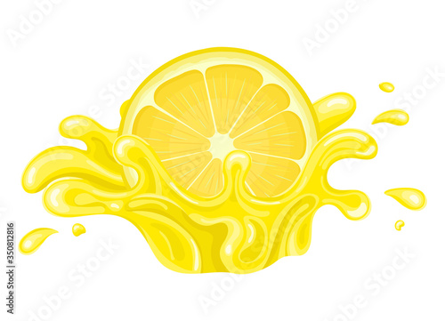 Fresh bright half cut lemon juice splash burst isolated on white background. Summer fruit juice. Cartoon style. Vector illustration for any design.