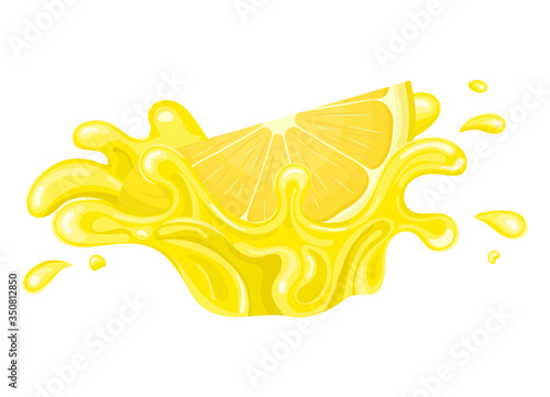 Fresh bright cut slice lemon juice splash burst isolated on white background. Summer fruit juice. Cartoon style. Vector illustration for any design.