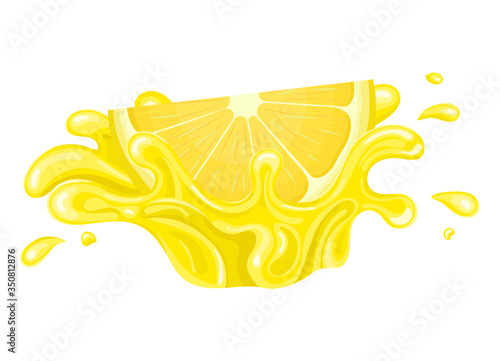 Fresh bright cut slice lemon juice splash burst isolated on white background. Summer fruit juice. Cartoon style. Vector illustration for any design.