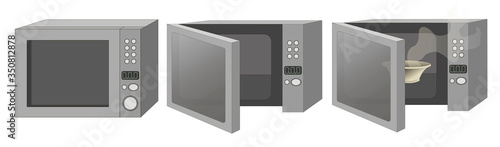 Stock vector illustration on a white background. A set of three microwave ovens, one is closed, the second is open, and in the third there is a plate, steam comes from it. A microwave painted in gray  photo