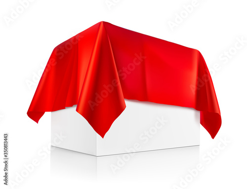 Presentation view. Red tablecloth draped over a product, subject. Vector illustration on white background. Ready for your design, promo, presentation. EPS10.	