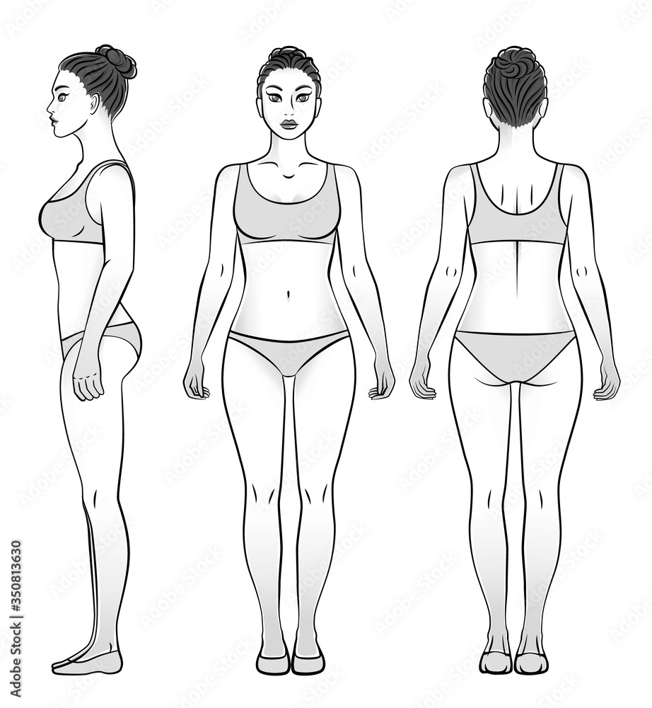 Woman in underwear view from front, side and back, black and white. Woman in underwear view from front, side and back, black and white.