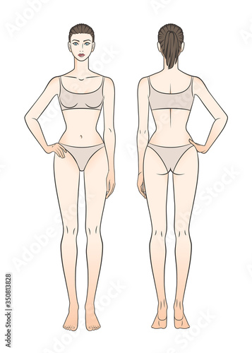 Tall girl in underwear front and back view. The arm is bent and lies on the belt. Model to measure the shape.