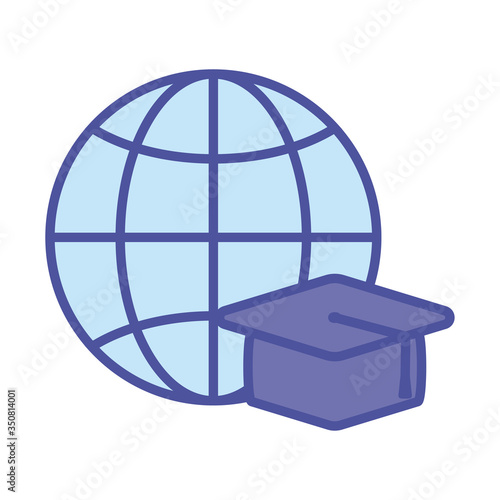 Graduation cap and global sphere line and fill style icon vector design