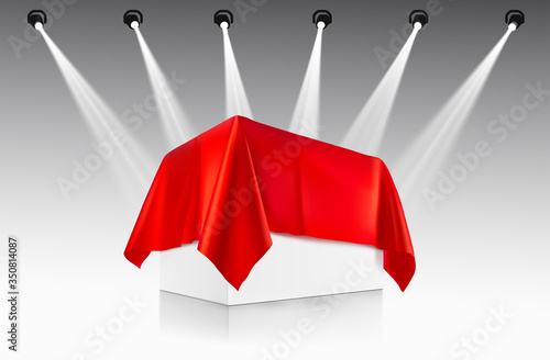 Presentation view. Red tablecloth draped over a product, subject with soffit lighting. Vector illustration. Ready template to use for for presentations, conferences, design, promo. EPS10.