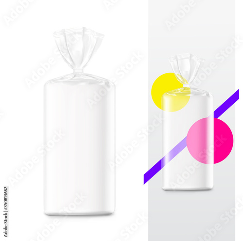 Bag package mockup. Transparent plastic bag with clip. Vector illustration isolated on white background. Packaging template ready for your design, presentation, promo, adv. EPS10.	