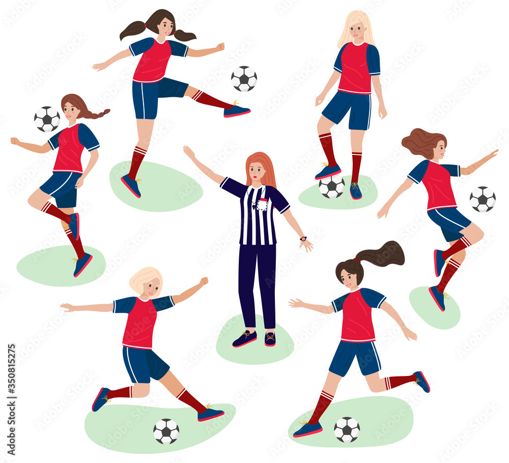 Set of flat cartoon girls playing in football and woman referee in judge uniform - vector stock illustration isolated on white background. Young female soccer player make sports movement in a game of