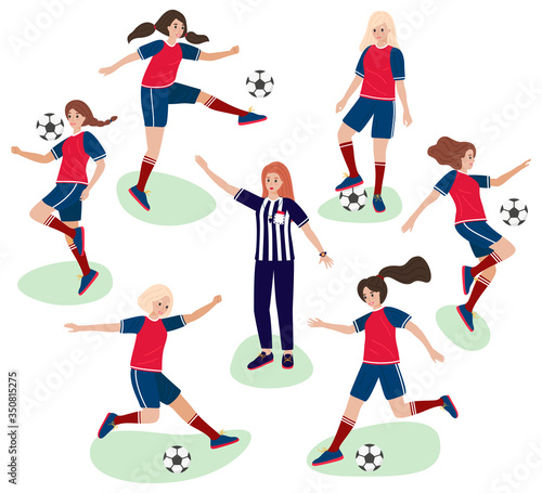 Set of flat cartoon girls playing in football and woman referee in judge uniform - vector stock illustration isolated on white background. Young female soccer player make sports movement in a game of