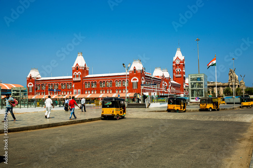 CHENNAI CENTRAL RAILWAY STATION, CHENNAI, TAMIL NADU, INDIA 20 FEBRUARY 2020 Crowded square in front of the Central RAILWAY STATION DAY LIGHT photo