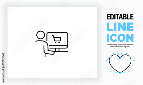 Editable line icon of a person behind a computer on a webshop, part of a huge set of editable line icons! 