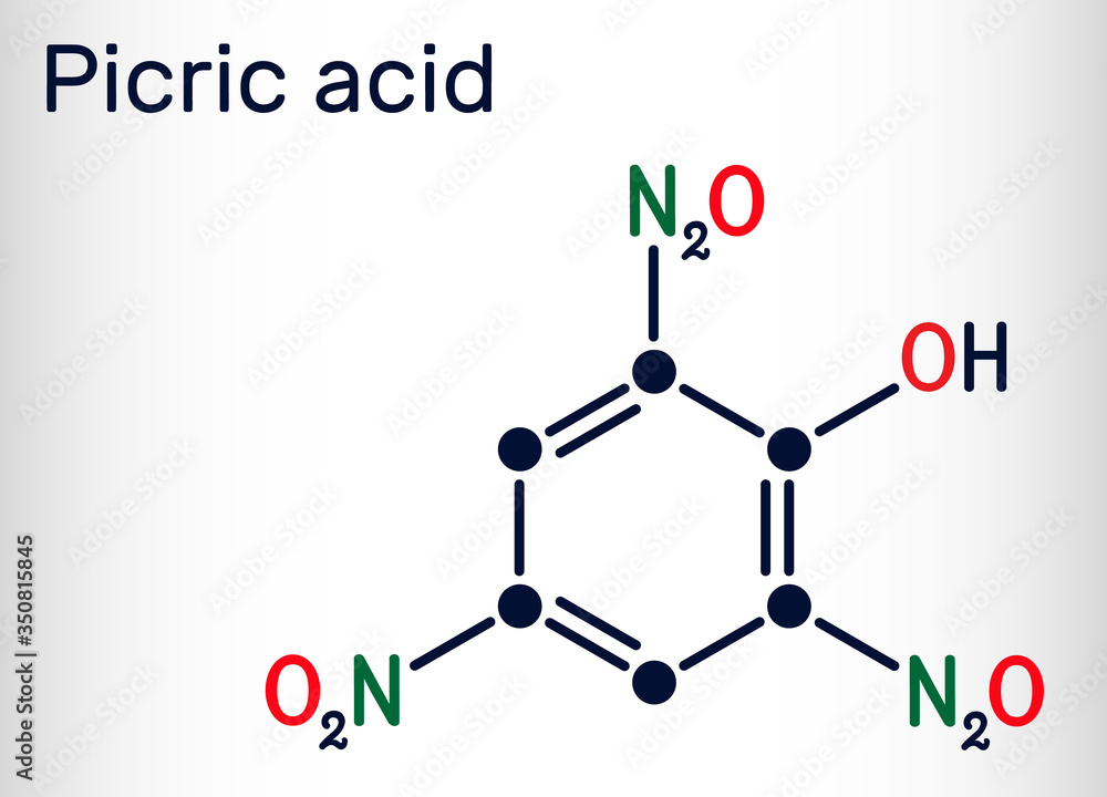 Picric acid ( 2,4,6-trinitrophenol, TNP, C6H3N3O7) molecule. It has a role as an explosive, an antiseptic drug. Skeletal chemical formula Picric acid ( 2,4,6-trinitrophenol, TNP, C6H3N3O7) molecule. It has a role as an explosive, an antiseptic drug. Skeletal chemical formula
