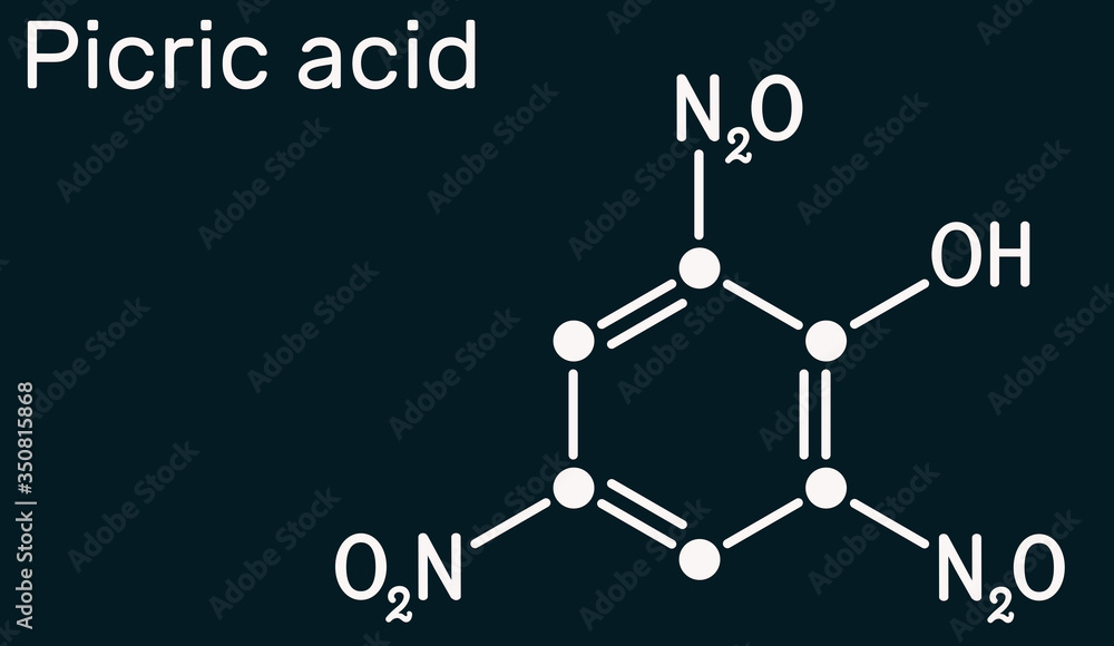 Picric acid ( 2,4,6-trinitrophenol, TNP, C6H3N3O7) molecule. It has a role as an explosive, an antiseptic drug. Skeletal chemical formula on the dark blue background Picric acid ( 2,4,6-trinitrophenol, TNP, C6H3N3O7) molecule. It has a role as an explosive, an antiseptic drug. Skeletal chemical formula on the dark blue background