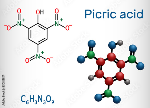 Picric acid ( 2,4,6-trinitrophenol, TNP, C6H3N3O7) molecule. It has a role as an explosive, an antiseptic drug. Structural chemical formula and molecule model