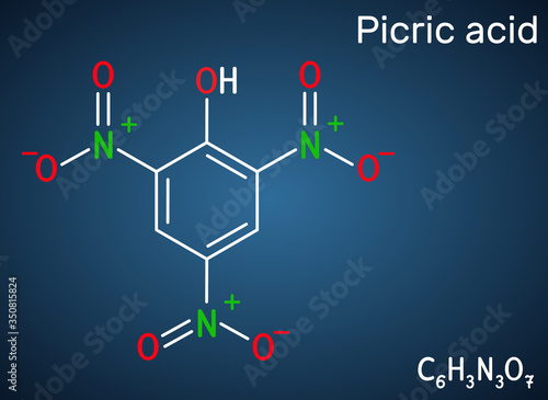 Picric acid ( 2,4,6-trinitrophenol, TNP, C6H3N3O7) molecule. It has a role as an explosive, an antiseptic drug. Structural chemical formula on the dark blue background