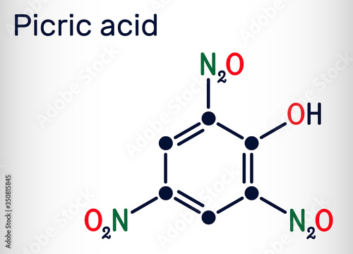 Picric acid ( 2,4,6-trinitrophenol, TNP, C6H3N3O7) molecule. It has a role as an explosive, an antiseptic drug. Skeletal chemical formula