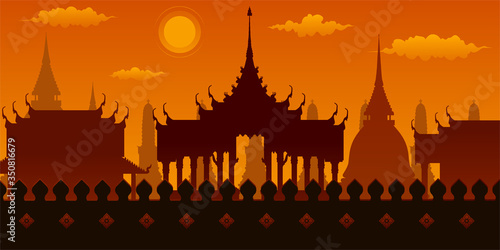 Thai temple, ancient architecture of Thailand In the evening the sunset There is a beautiful, delicate, traditional architectural style.