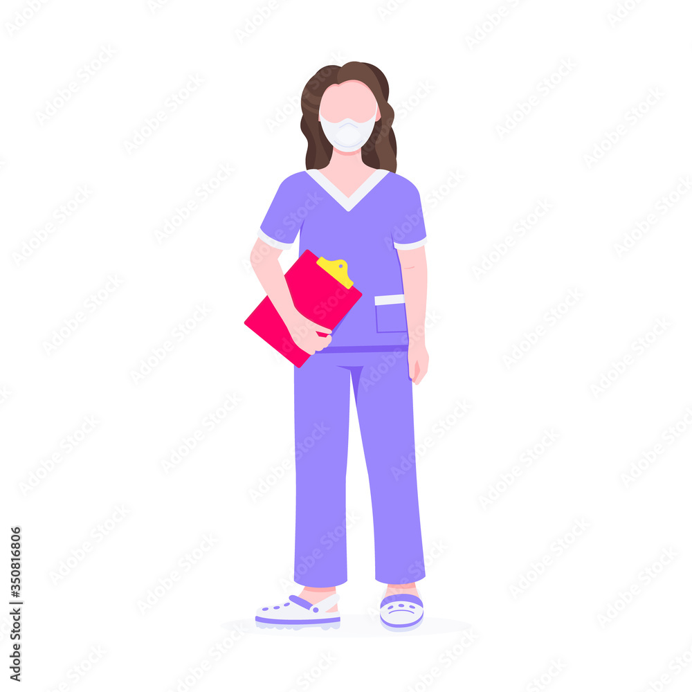 Fototapeta premium Surgeon doctor standing with clipboard and face mask flat style design vector illustration isolated on white background. Medical clinic hospital staff employee.
