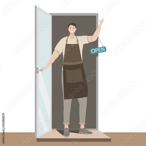 We are working again after coronavirus.Welcome back after pandemic.Small business.Man opens a cafe, shop,store,restaurant, bakery.Reopening.Cute Flat Vector Illustration.Barista.The end of quarantine.