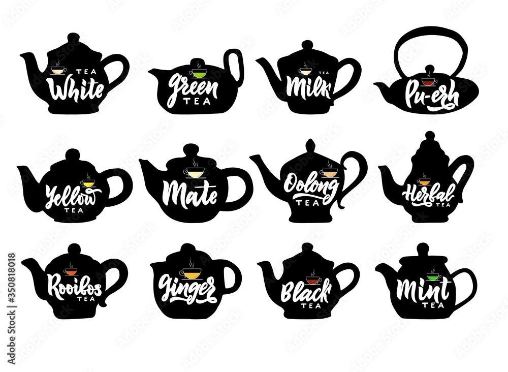 Set of hand draw isolated teapot with names of tea hand calligraphy lettering. Icon silhouette kettles, coffee pot. Set of hand draw isolated teapot with names of tea hand calligraphy lettering. Icon silhouette kettles, coffee pot.