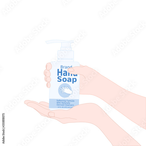 hand with hand soap pump bottle. hand disinfectant. diseases prevention. personal healthcare. product advertisement. illustration vector.