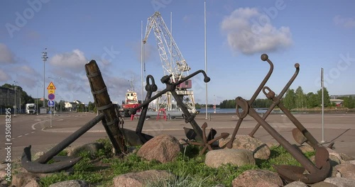 4K Baltic Sea Finnish Bay lagoon summer morning harbour video, Kotka port and town over calm water channel in Finland, northern Europe photo