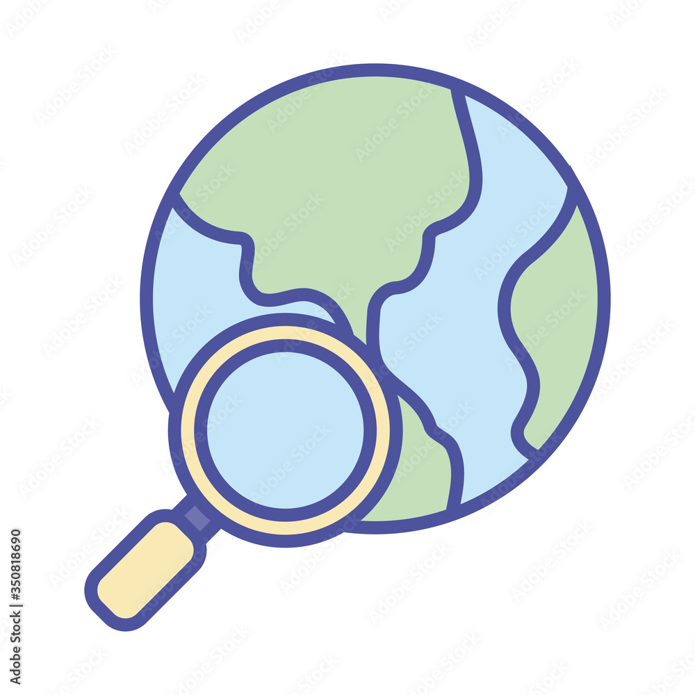 World sphere and lupe line and fill style icon vector design World sphere and lupe line and fill style icon vector design