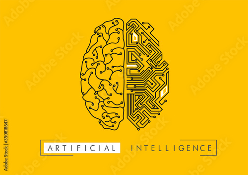 Wired brain illustration - next step to artificial intelligence and circuit board human brain. 
Concept illustration Electronic chip in form of human brain in electronic cyberspace.
