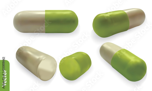 White and green medical pill icon set isolated on white background. Medicines, tablets, capsules, drugs, painkillers, antibiotics, vitamins. Medical, scientific and healthcare 3d realistic vector.