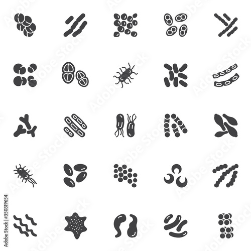 Bacteria cells vector icons set, modern solid symbol collection, filled style pictogram pack. Signs, logo illustration. Set includes icons as staphylococcus aureus infection, lactococcus, pneumococcus