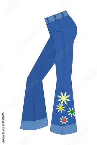 Trousers flared. 1970s fashion. Blue jeans on a white background. Vector illustration.